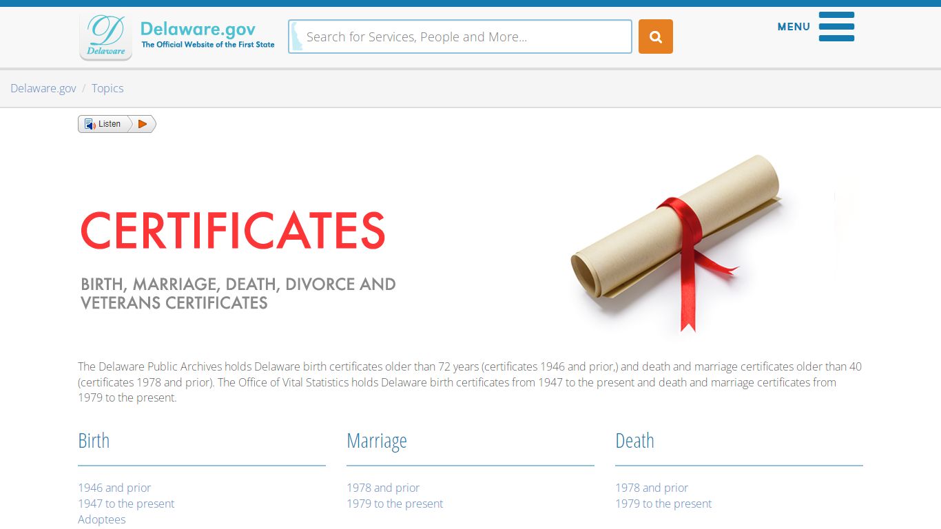 Birth, Marriage, Death, Divorce, and Veterans Certificates